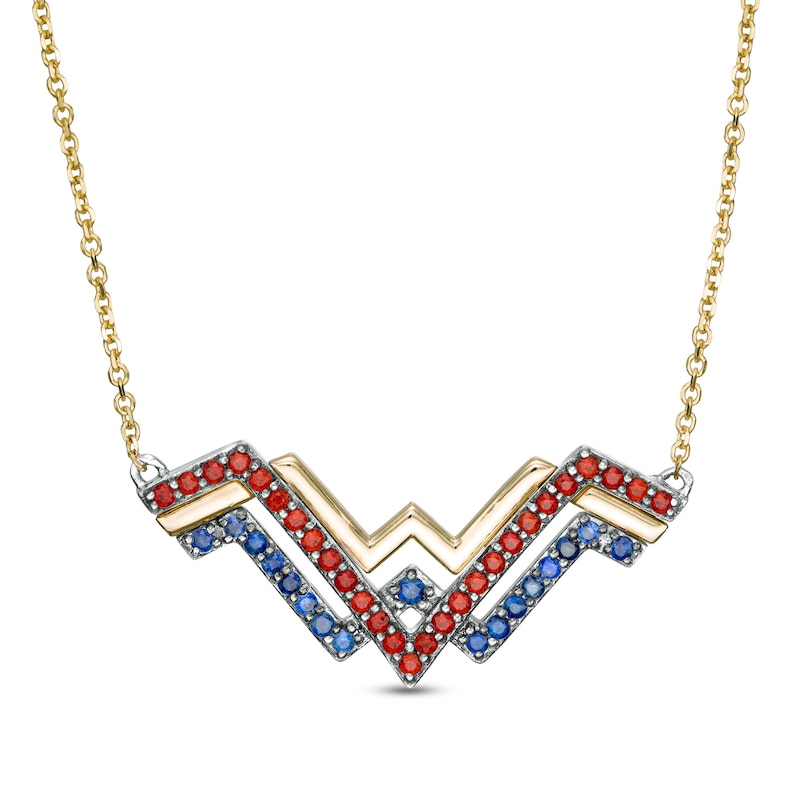 Main Image 1 of Wonder Woman™ Collection Garnet and Blue Sapphire Symbol Necklace in Sterling Silver and 10K Gold
