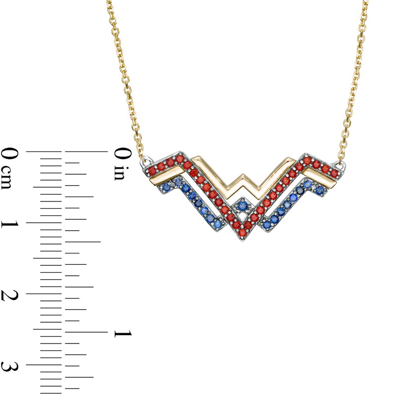 Main Image 3 of Wonder Woman™ Collection Garnet and Blue Sapphire Symbol Necklace in Sterling Silver and 10K Gold