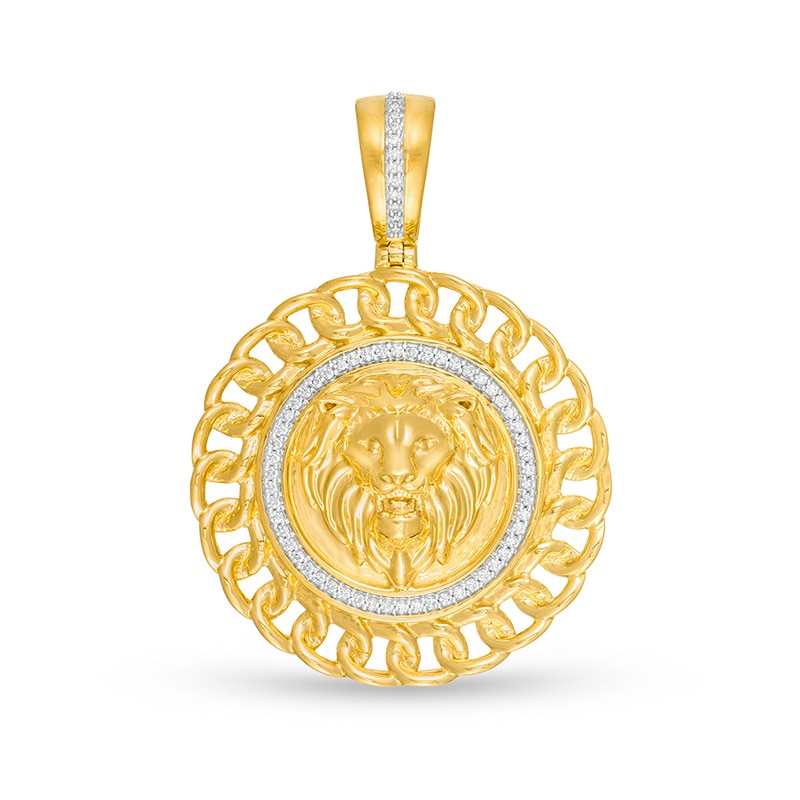 Main Image 1 of 1/6 CT. T.W. Diamond Chain Link Double Frame Lion Head Medallion Necklace Charm in 10K Gold
