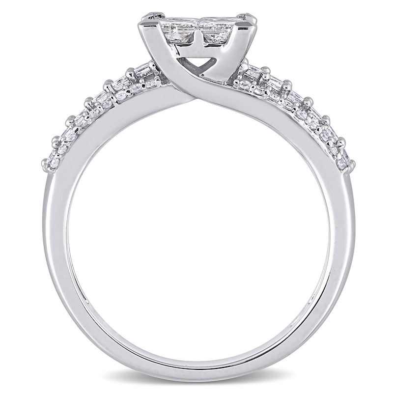 1 CT. T.W. Quad Princess-Cut Diamond Triple Row Engagement Ring in 10K White Gold