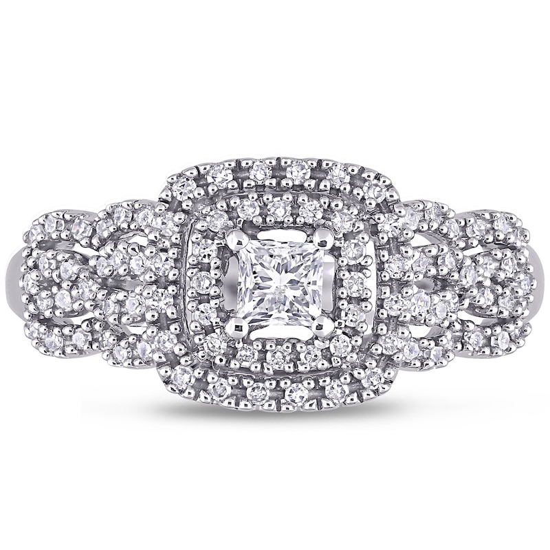 1/2 CT. T.W. Princess-Cut Double Frame Scallop Twist Shank Engagement Ring in 10K White Gold