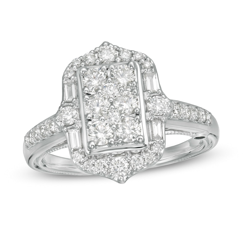 Main Image 1 of Marilyn Monroe™ Collection 1 CT. T.W. Composite Rectangle Diamond Ornate Frame Engagement Ring in 14K White Gold