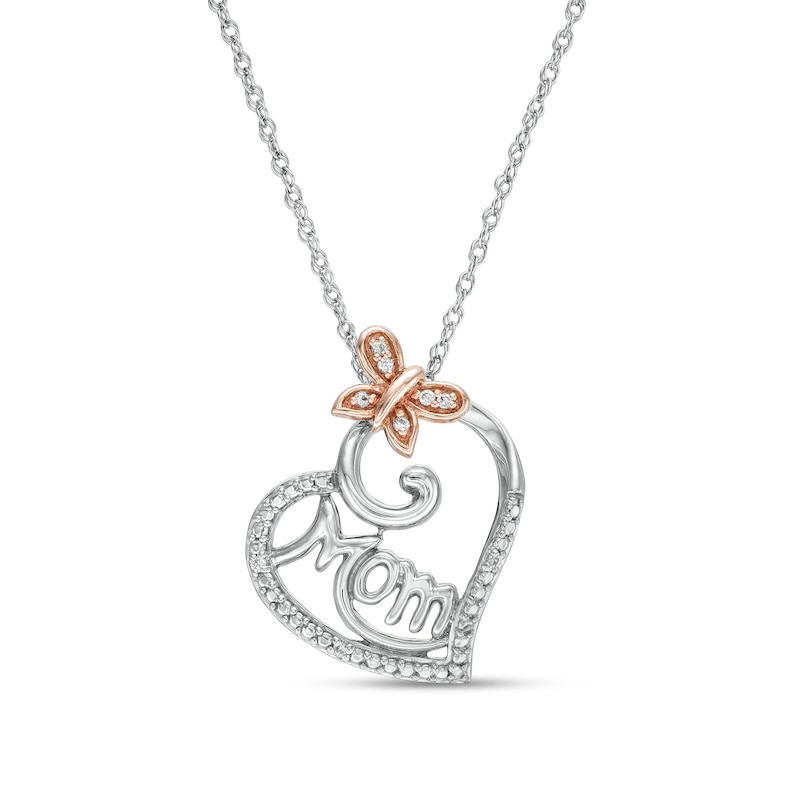 Main Image 1 of 1/20 CT. T.W. Diamond "Mom" and Butterfly Heart Pendant in Sterling Silver and 10K Rose Gold