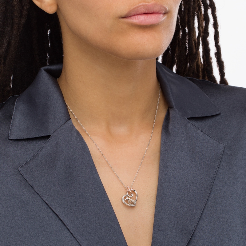 Main Image 2 of 1/20 CT. T.W. Diamond "Mom" and Butterfly Heart Pendant in Sterling Silver and 10K Rose Gold