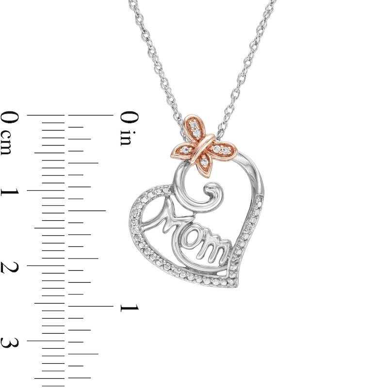 Main Image 3 of 1/20 CT. T.W. Diamond "Mom" and Butterfly Heart Pendant in Sterling Silver and 10K Rose Gold