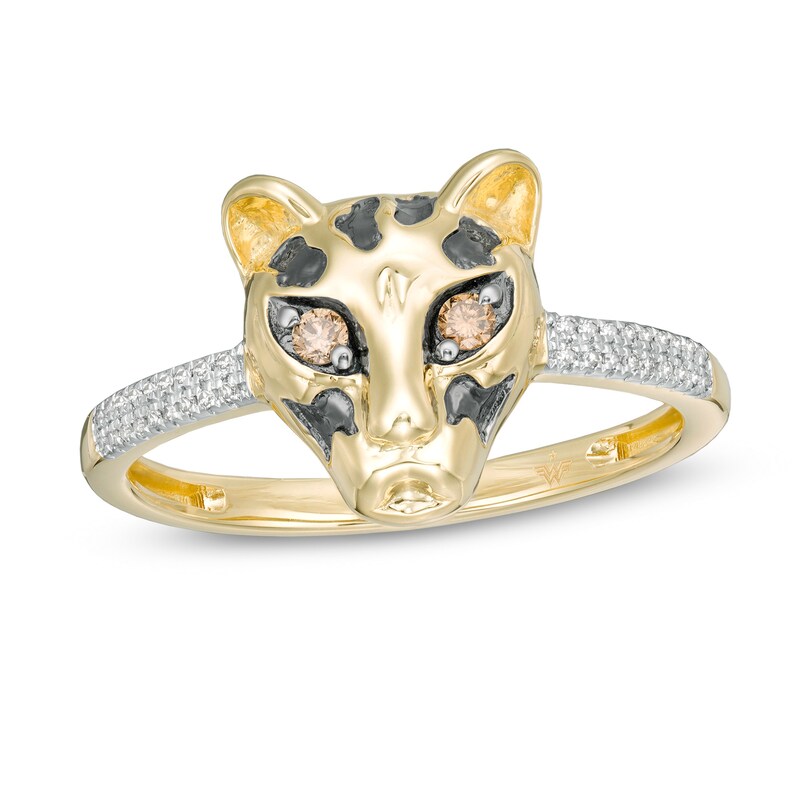 Wonder Woman™ Collection 1/10 CT. T.W. Champagne and White Diamond Cheetah Ring in 10K Gold and Black Rhodium