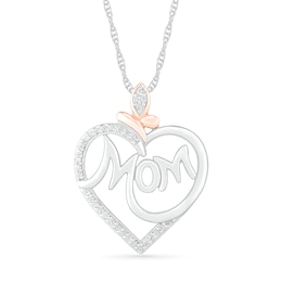1/8 CT. T.W. Diamond Heart with "Mom" Pendant in Sterling Silver and 10K Rose Gold
