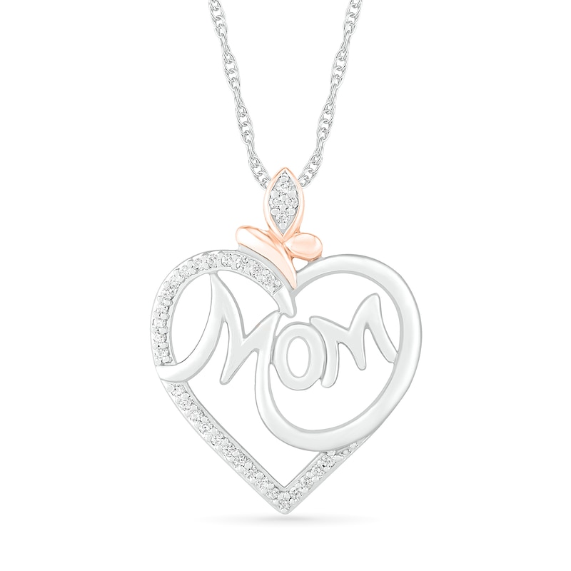 Main Image 1 of 1/8 CT. T.W. Diamond Heart with "Mom" Pendant in Sterling Silver and 10K Rose Gold