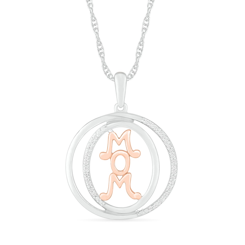 Main Image 1 of 1/10 CT. T.W. Diamond Linear "MOM" Open Circle Pendant in Sterling Silver and 10K Rose Gold