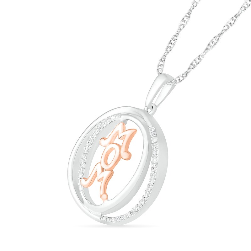 Main Image 2 of 1/10 CT. T.W. Diamond Linear "MOM" Open Circle Pendant in Sterling Silver and 10K Rose Gold
