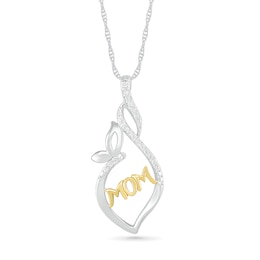1/15 CT. T.W. Diamond Open Flame "MOM" with Butterfly Pendant in Sterling Silver and 14K Gold Plate