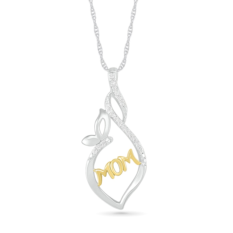 Main Image 1 of 1/15 CT. T.W. Diamond Open Flame "MOM" with Butterfly Pendant in Sterling Silver and 14K Gold Plate