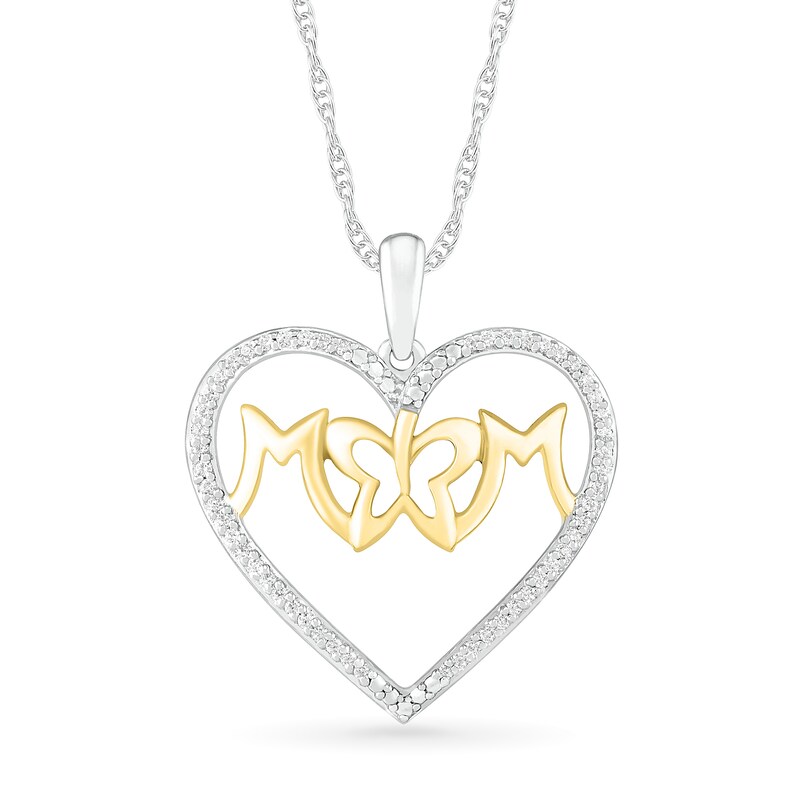 Main Image 1 of 1/6 CT. T.W. Diamond "MOM" with Butterfly Heart Pendant in Sterling Silver and 14K Gold Plate