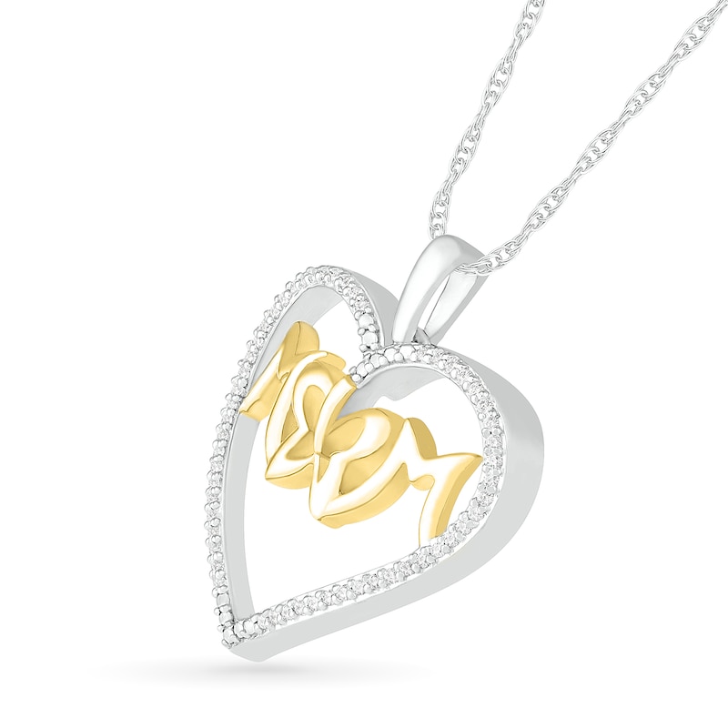 Main Image 2 of 1/6 CT. T.W. Diamond "MOM" with Butterfly Heart Pendant in Sterling Silver and 14K Gold Plate