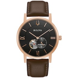 Men's Bulova American Clipper Rose-Tone Automatic Strap Watch with Black Skeleton Dial (Model: 97A155)
