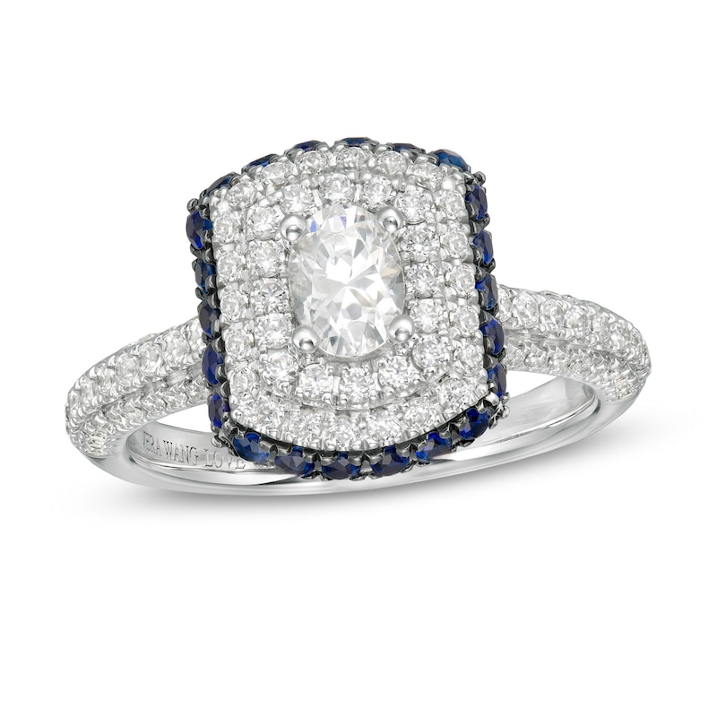 Main Image 1 of Vera Wang Love Collection 1 CT. T.W. Oval Diamond and Blue Sapphire Triple Frame Engagement Ring in 14K White Gold