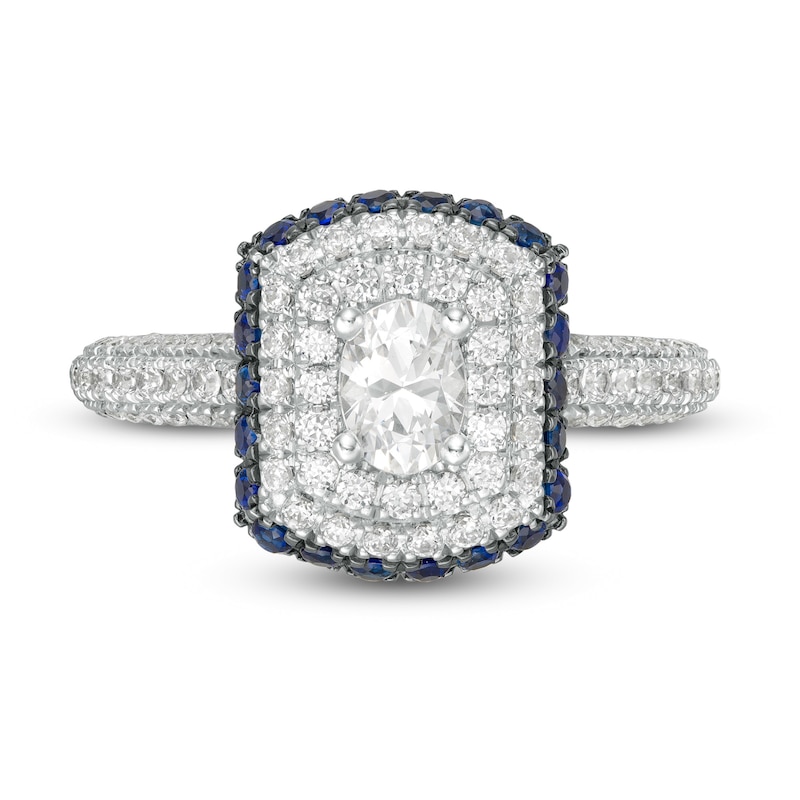Main Image 4 of Vera Wang Love Collection 1 CT. T.W. Oval Diamond and Blue Sapphire Triple Frame Engagement Ring in 14K White Gold