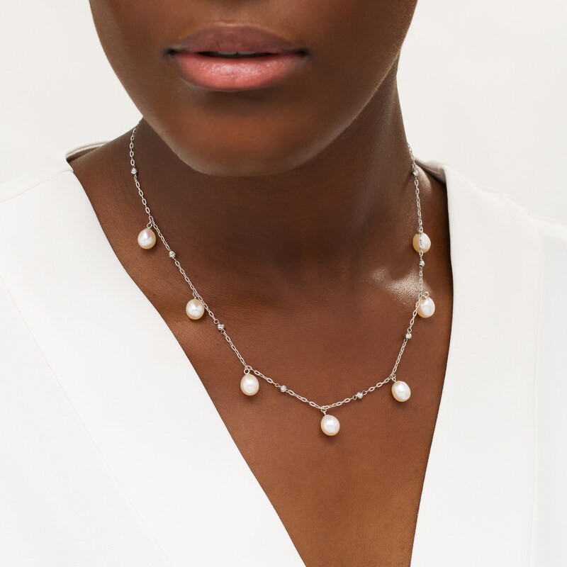 Main Image 2 of 7.0-7.5mm Baroque Freshwater Cultured Pearl Dangle and Brilliance Bead Alternating Station Necklace in Sterling Silver