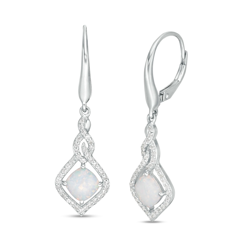 Main Image 1 of 6.0mm Cushion-Cut Lab-Created Opal and White Sapphire Cascading Open Flame Drop Earrings in Sterling Silver