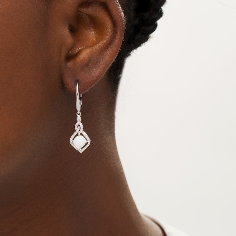 Main Image 2 of 6.0mm Cushion-Cut Lab-Created Opal and White Sapphire Cascading Open Flame Drop Earrings in Sterling Silver