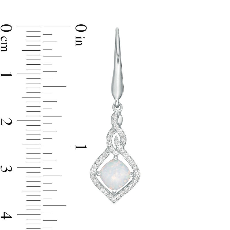 Main Image 3 of 6.0mm Cushion-Cut Lab-Created Opal and White Sapphire Cascading Open Flame Drop Earrings in Sterling Silver