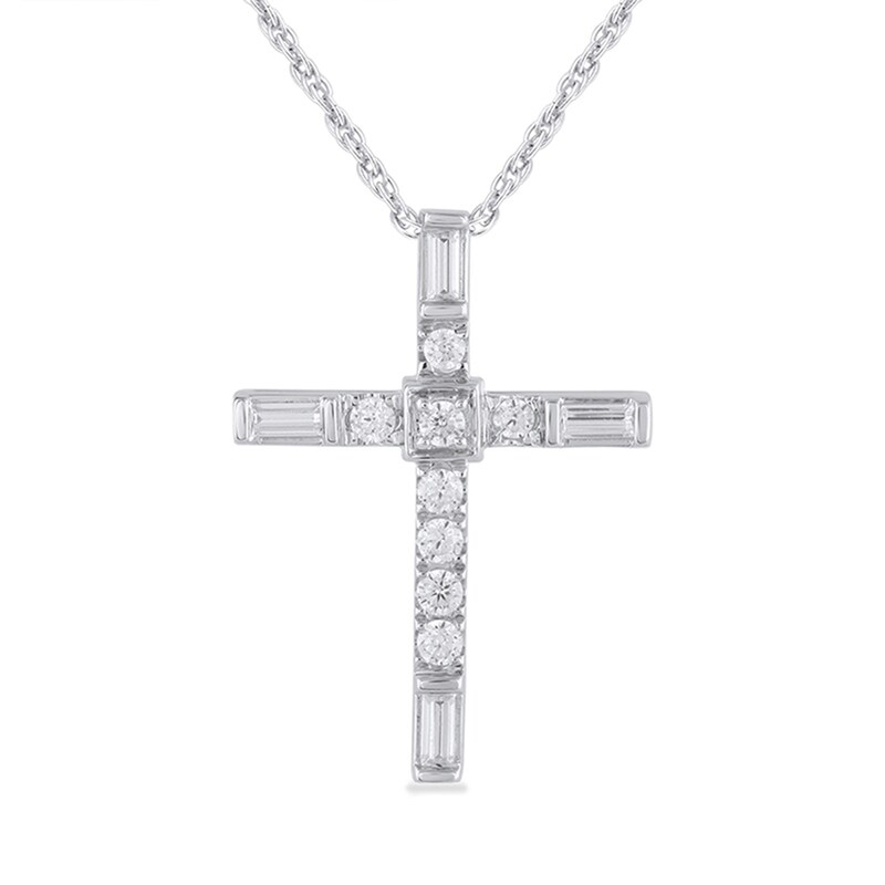 1/4 CT. T.W. Baguette and Round Diamond Cross Pendant in 10K White Gold