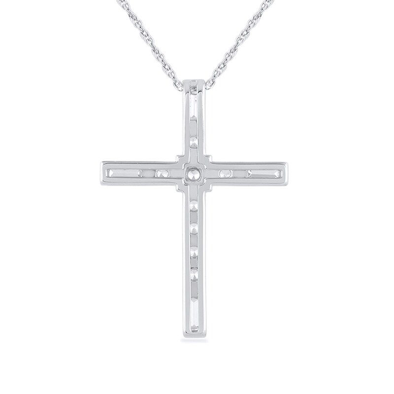 1/4 CT. T.W. Baguette and Round Diamond Cross Pendant in 10K White Gold