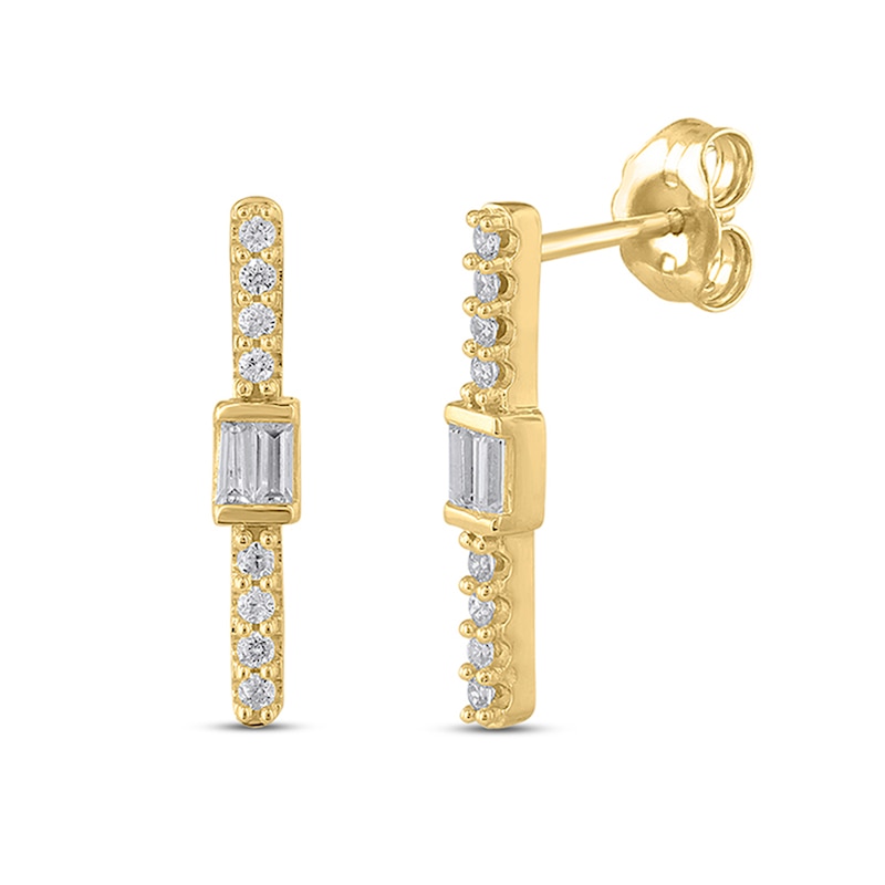 1/5 CT. T.W. Baguette and Round Diamond Vertical Bar Drop Earrings in 10K Gold
