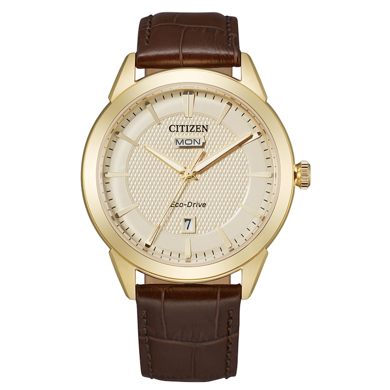 Men's Citizen Eco-Drive® Corso 18K Gold Plate Strap Watch with Champagne Dial (Model: AW0092-07Q)