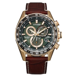 Men's Citizen Eco-Drive® PCAT Rose-Tone Chronograph Strap Watch with Green Dial (Model: CB5919-00X)
