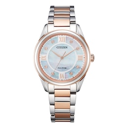 Ladies' Citizen Eco-Drive® Fiore Diamond Accent Two-Tone Watch with Mother-of-Pearl Dial (Model: EM0876-51D)