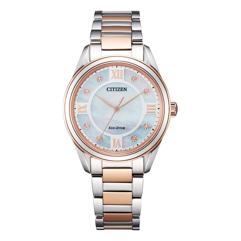 Main Image 1 of Ladies' Citizen Eco-Drive® Fiore Diamond Accent Two-Tone Watch with Mother-of-Pearl Dial (Model: EM0876-51D)
