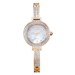 Ladies' Citizen Eco-Drive® Silhouette Crystal Rose-Tone Bangle Watch with Mother-of-Pearl Dial (Model: EM0863-53D)