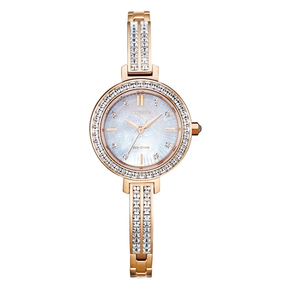 Ladies' Citizen Eco-DriveÂ® Silhouette Crystal Rose-Tone Bangle Watch with Mother-of-Pearl Dial (Model: EM0863-53D)