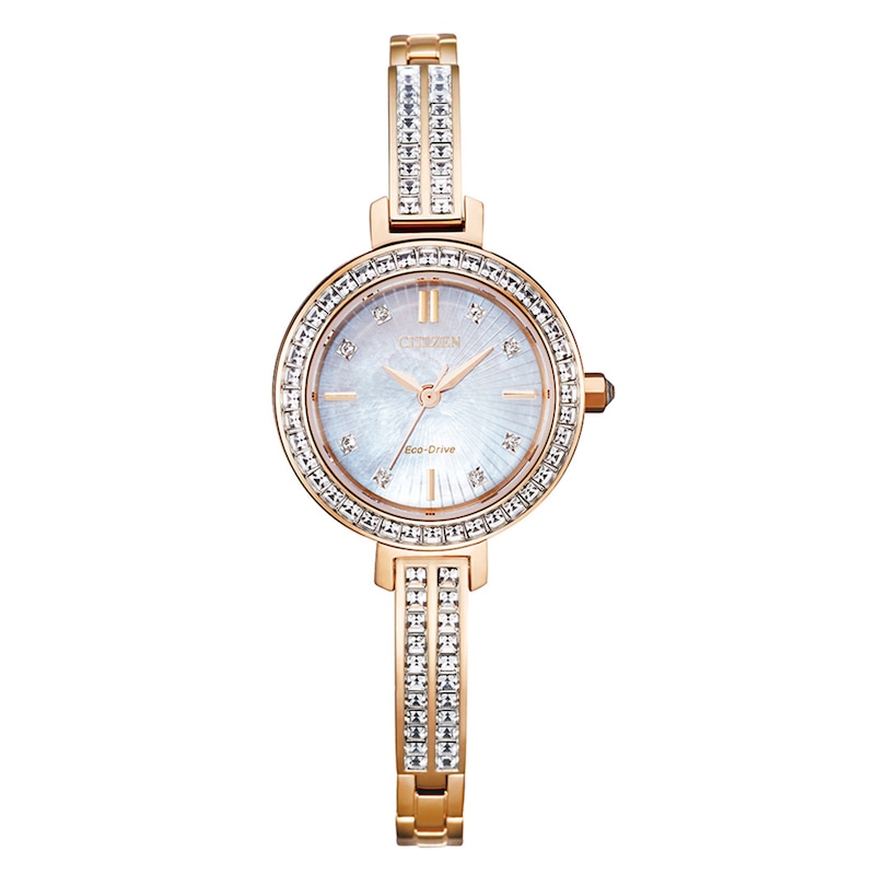 Main Image 1 of Ladies' Citizen Eco-Drive® Silhouette Crystal Rose-Tone Bangle Watch with Mother-of-Pearl Dial (Model: EM0863-53D)