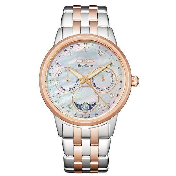 Ladies' Citizen Eco-Drive® Calendrier Diamond Two-Tone Chronograph Watch with Mother-of-Pearl Dial (Model: FD0006-56D)