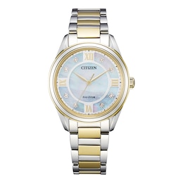 Ladies' Citizen Eco-Drive® Arezzo Diamond Accent Two-Tone Watch with Mother-of-Pearl Dial (Model: EM0874-57D)