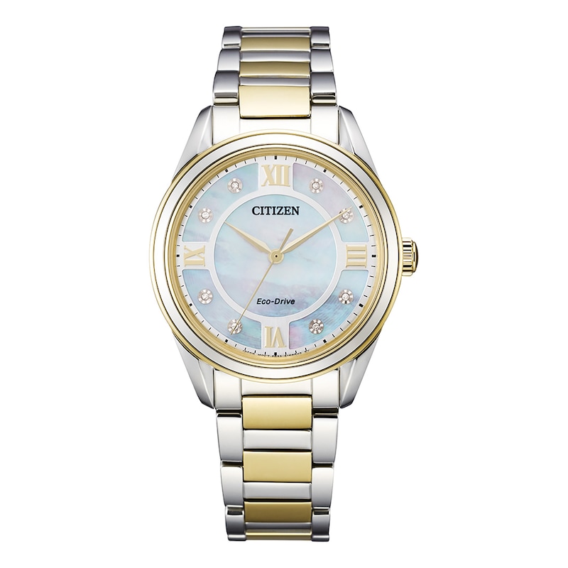 Main Image 1 of Ladies' Citizen Eco-Drive® Arezzo Diamond Accent Two-Tone Watch with Mother-of-Pearl Dial (Model: EM0874-57D)