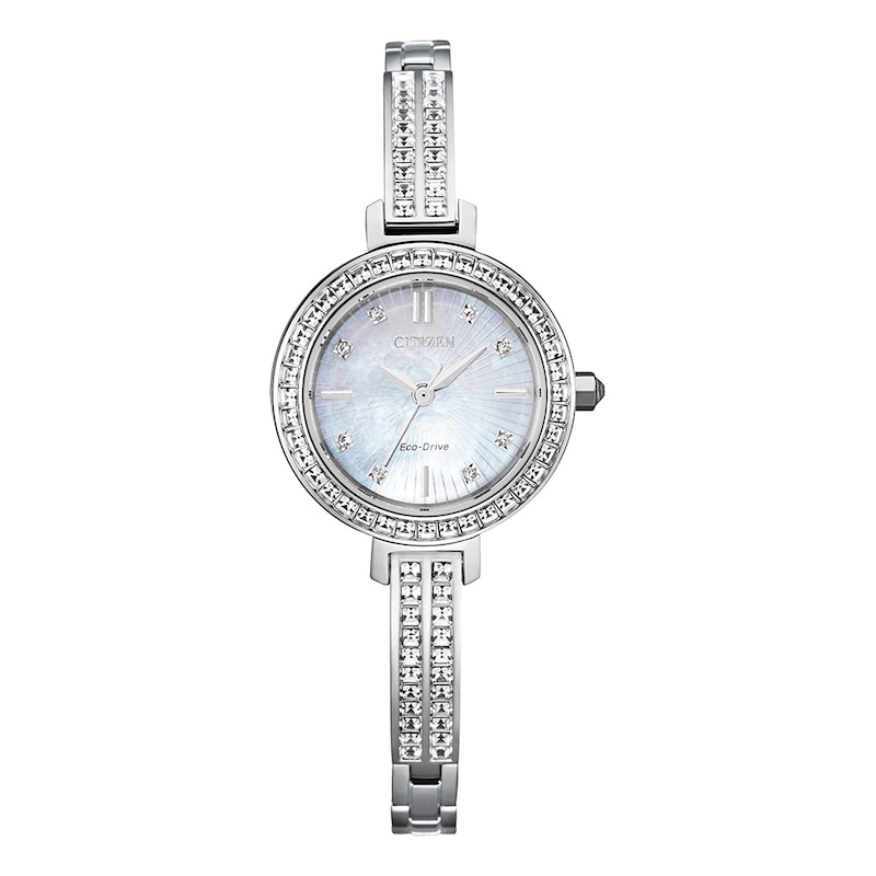 Main Image 1 of Ladies' Citizen Eco-Drive® Silhouette Crystal Accent Bangle Watch with Mother-of-Pearl Dial (Model: EM0860-51D)