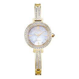 Ladies' Citizen Eco-Drive® Silhouette Crystal Gold-Tone Bangle Watch with Mother-of-Pearl Dial (Model: EM0862-56D)