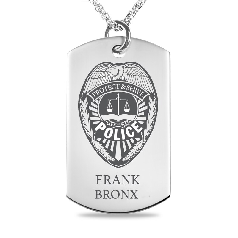Main Image 1 of Engravable Police Shield Dog Tag Pendant in Sterling Silver (1-6 Lines) - 22"