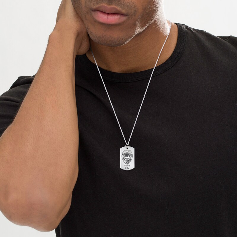 Main Image 2 of Engravable Police Shield Dog Tag Pendant in Sterling Silver (1-6 Lines) - 22"