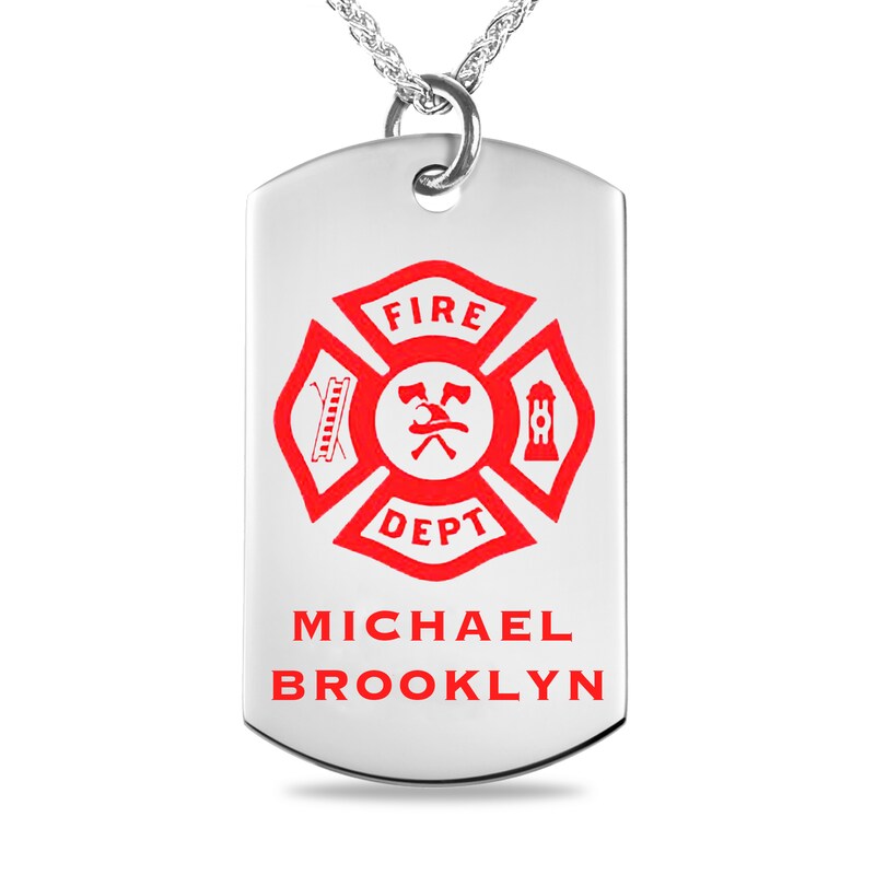 Main Image 1 of Engravable Firefighter Dog Tag Pendant in Sterling Silver (1-6 Lines) - 22"