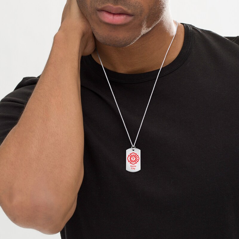 Main Image 2 of Engravable Firefighter Dog Tag Pendant in Sterling Silver (1-6 Lines) - 22"