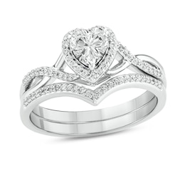 5.0mm Heart-Shaped White Lab-Created Sapphire and 1/5 CT. T.W. Diamond Frame Twist Shank Bridal Set in Sterling Silver