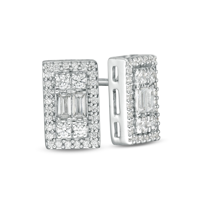Main Image 1 of 1/2 CT. T.W. Baguette and Round Diamond Rectangle Stud Earrings in 10K White Gold