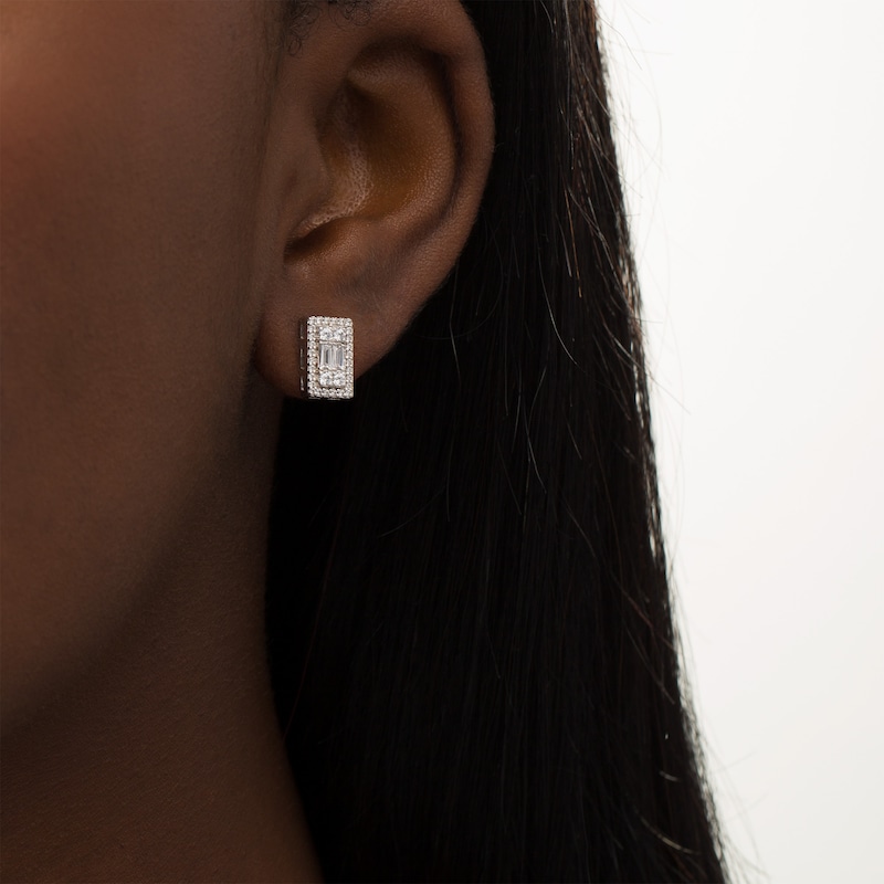 Main Image 2 of 1/2 CT. T.W. Baguette and Round Diamond Rectangle Stud Earrings in 10K White Gold