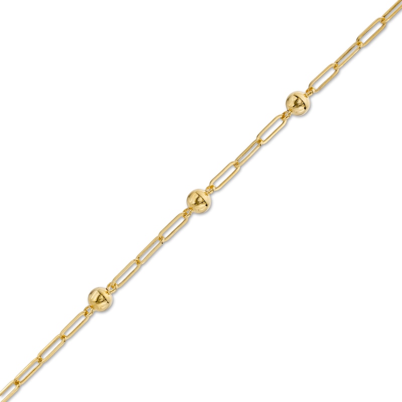 Triple Bead Station Paper Clip Link Chain Bracelet in 10K Gold - 7.5"