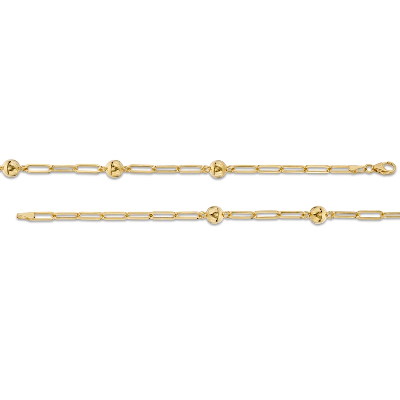 Triple Bead Station Paper Clip Link Chain Bracelet in 10K Gold - 7.5"