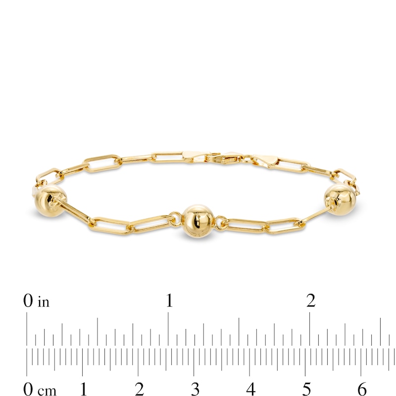Triple Bead Station Paper Clip Link Chain Bracelet in 10K Gold - 7.5"